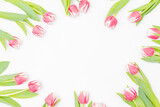 Fototapeta Tulipany - Flat lay composition with pink tulips on white background
