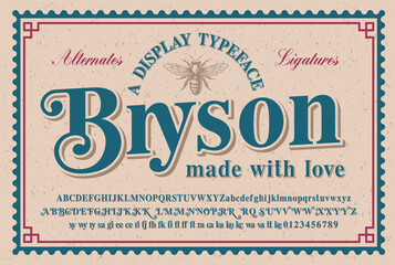 A vintage serif typeface with a big set of alternates and ligatures, this font looks better for headlines or short phrases and can be used for alcohol labels, retro emblems as well as for many other u