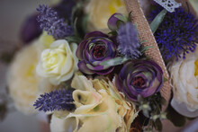 Colorful Flower, Rose, Carnation Beautiful Bouquet. Artificial Flowers. Decorative Flowers. Decor For Home. Closeup. Selective Focus.