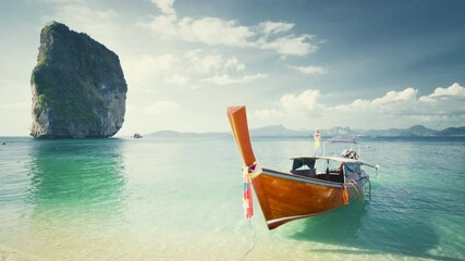 Wall Mural - wooden longtail boat at koh poda island in krabi province. ao nang, thailand