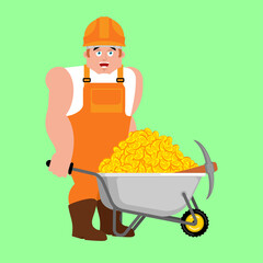 Wall Mural - Miner and Bitcoin. Worker with Wheelbarrow carries with cryptocurrency