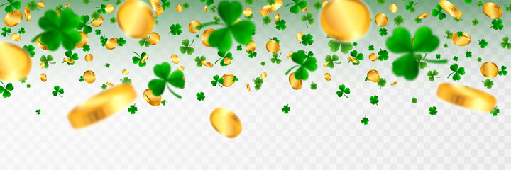 Saint Patrick's Day Border with Green Four and Tree Leaf Clovers and gold coins on White Background. Irish Lucky and success symbols. Vector illustration