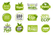 © alexandertrou - Set of eco friendly green badges design. Collection of vegan ,bio, organic food, gluten free, and natural products labels. Eco stickers for labeling package, food, cosmetics. Hand drawn style.