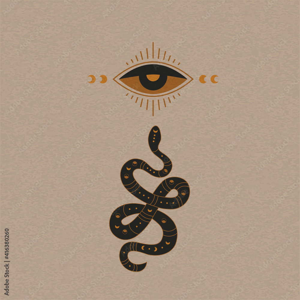 Mystic boho snake design. Abstract esoteric serpent symbol with moon ...