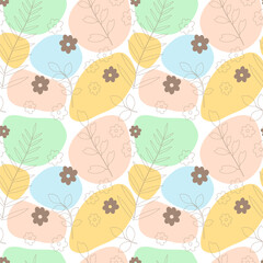  Vector seamless pattern consisting of multi-colored spots and linear leaves and flowers. Colored spots are stylized as spots of the skin of a spotted animal.