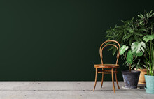 Mock Up Interior With Potted Plants And Old Wooden Chair In Front Of Dark Green Wall Background 3D Rendering, 3D Illustration