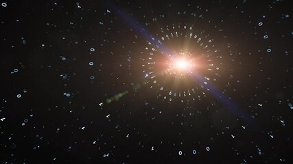 Wall Mural - Binary data code rotating around bright star in dark universe glowing star