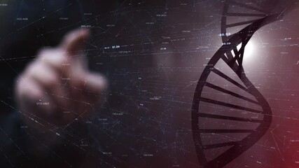 Wall Mural - scientist typing on augmented screen with rotating dna chain purple background