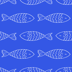 Wall Mural - Vector seamless pattern of cute doodle fish with wavy pattern of scales white outline on a blue rich color background for a design template. simple children's drawing of a sea fish swimming in differe