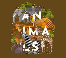 Animals. Vector Flat Illustrations Of Giraffe, Elephant, Monkey, Tiger, Lion, Zebra, Eagle, Tree, Savanna. African Flora And Fauna Drawings For Poster Or Background