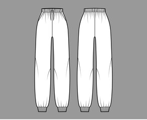 Wall Mural - Sweatpants technical fashion illustration with elastic cuffs, normal waist, high rise, drawstrings. Flat knit training trousers apparel template front, back, white color. Women men unisex CAD mockup