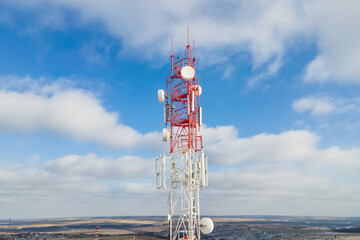 Telecommunication towers with wireless antennas. Telecom network communication technology