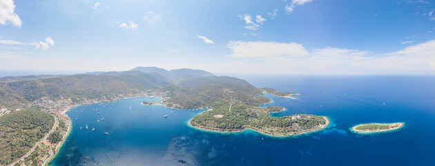 Wall Mural - Aerial panoramic drone shot of Vis Island coastline in Adriatic sea in Croatia summer