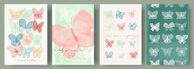 Watercolor Butterflies, Vector , Brush Strokes. Set Of Creative Minimalist Hand Painted Illustrations For Wall Decoration. Pastel Colors. Handwritten Inscriptions.