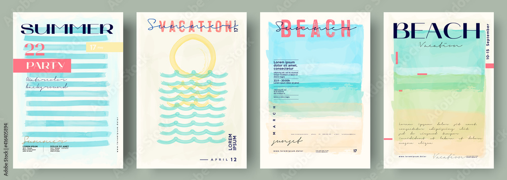 Watercolor abstract backgrounds, vector , beach, sunset, sea. Event poster , invitation card .Set of creative minimalist hand painted illustrations for wall decoration. Pastel colors. - obrazy, fototapety, plakaty 