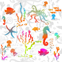  Marine animals seamless pattern. Mixed media. Multicolored background. Vector illustration