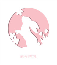 Bunny Silhouette With Flowers For Laser Cut. Easter Card With Paper Rabbit's Silhouette.