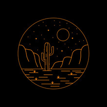 Cactus Desert Camping Nature Adventure In The Night Wild Line Badge Patch Pin Graphic Illustration Vector Art T-shirt Design