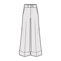 Wall Mural - Pants oxford tailored technical fashion illustration with low waist, rise, full length, slant slashed jetted pockets. Flat trousers apparel template front, grey color. Women men unisex CAD mockup