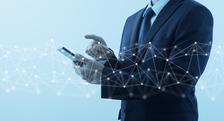 Fototapete - Businessperson using smartphone for internet. Network structure and man in suit.