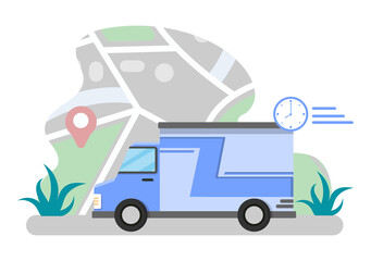 Flat Illustration of Online Delivery for Order Tracking, Courier Service, Goods Shipping, City Logistics using a Truck