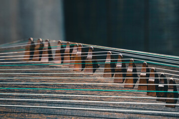 Close view of a Chinese zither.