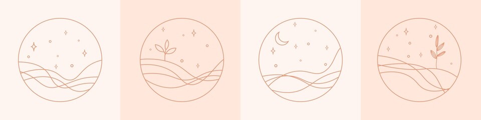 Vector set of linear boho icons and symbols - star, moon, tree logo design templates - abstract design elements for decoration in modern minimalist style