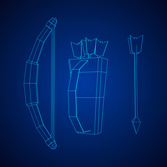 Medieval Bow and arrow archer weapon. Wireframe low poly mesh vector illustration.