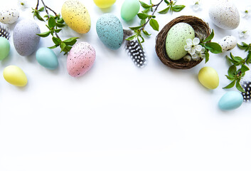 Colorful Easter eggs with spring blossom flowers