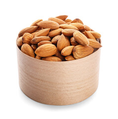 Box with healthy almonds on white background