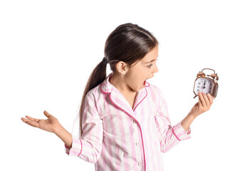 Sticker - Troubled little girl in pajamas and with alarm clock on white background