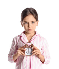 Sticker - Sad little girl in pajamas and with alarm clock on white background