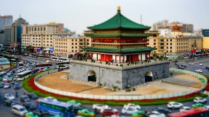 Canvas Print - time lapse of the xi'an bell tower at dusk, tilt and shift lens effect,traffic flows around the roundabout, shaanxi province, China.