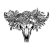 Skull Cow Flower Floral Rose.Ethnic Symbol Decoration Native.Boho Style American Style.Isolated Ni White Background.
