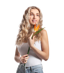 Canvas Print - Beautiful young woman with flower on white background