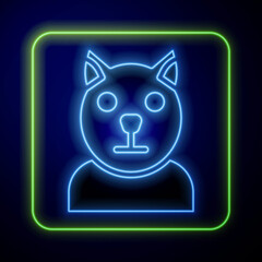 Sticker - Glowing neon Cat icon isolated on blue background. Animal symbol. Vector.