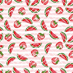 Wall Mural - Watermelon and strawberry seamless pattern on geometric background. Bright summer pattern. Cartoon vector fruit background for fabric, wrapping paper and phone case.