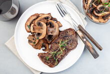 Beef Steak With Sauteed Brown Mushrooms And Thyme, Horizontal, Top View