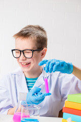 Wall Mural - a schoolboy studies multi-colored substances in test tubes, conducts experiments - a portrait on a w
