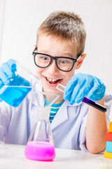 Wall Mural - a schoolboy studies multi-colored substances in test tubes, conducts experiments - a portrait on a w
