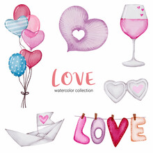 Set Of Big Isolated Watercolor Valentine Concept Element Lovely Romantic Red-pink Hearts For Decoration, Vector Illustration.