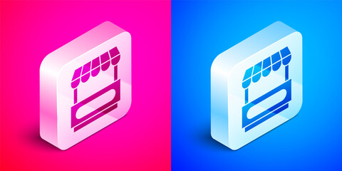 Sticker - Isometric Fast street food cart with awning icon isolated on pink and blue background. Urban kiosk. Silver square button. Vector.