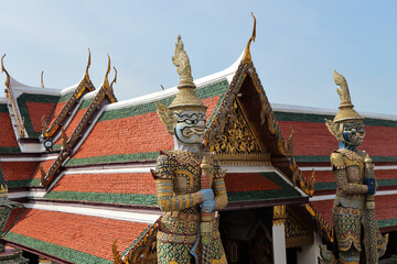 The Demon Guardian at the Temple of the Emerald Buddha in Grand Palace, Thailand. Wat Phra Kaew The most famous tourist attraction in Bangkok, Thailand.