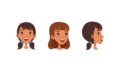 Wall Mural - Cute Heads of Girl in Different Views and Hairstyle Set, Joyful Girl in Front, Profile Side, Three Quarter View Cartoon Vector Illustration