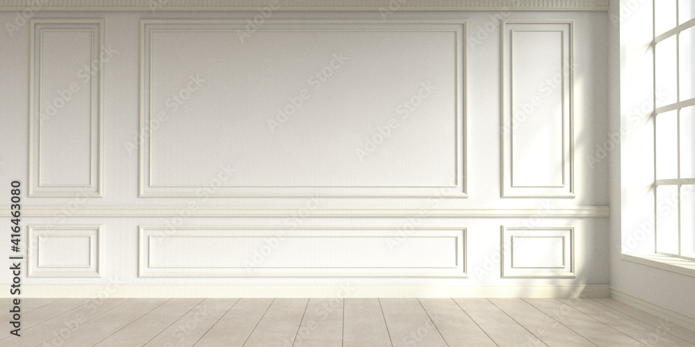 Modern classic white empty interior with wall panels and wooden floor. 3d render illustration mock up. - obrazy, fototapety, plakaty 