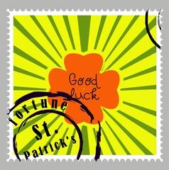 St Patrick's Day stamps. Postage stamps for letters. Patrick's stickers. Good luck. Hand drawn vector lettering with green hat and shamrock. Beer festival poster. Happy Ireland shamrock poster. Elemen