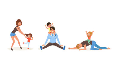 Sticker - Tired Parents and Their Children Set, Stressed Exhausted Dads and Mom with Naughty Kids, Parenthood Concept Cartoon Vector Illustration