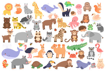  Big set of cute animals in cartoon style isolated on white background. Vector graphics.