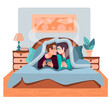 © Nadine.de.trevile - Interior of the bedroom. woman,  man lie on the bed under a blanket and drink coffee. Concept. happy family. Morning of lovers in the bedroom with cups of coffee. Vector illustration in a flat style.