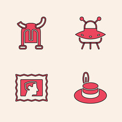 Sticker - Set Man hat, Viking in horned helmet, UFO flying spaceship and Postal stamp icon. Vector.